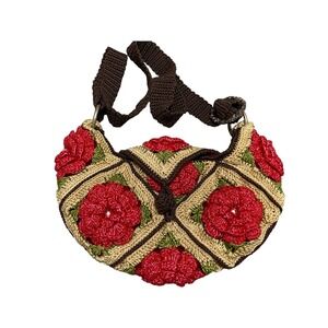 Handmade Crochet Floral 3D Rosette Shoulder Bag Red Tan Boho Cottagecore Purse